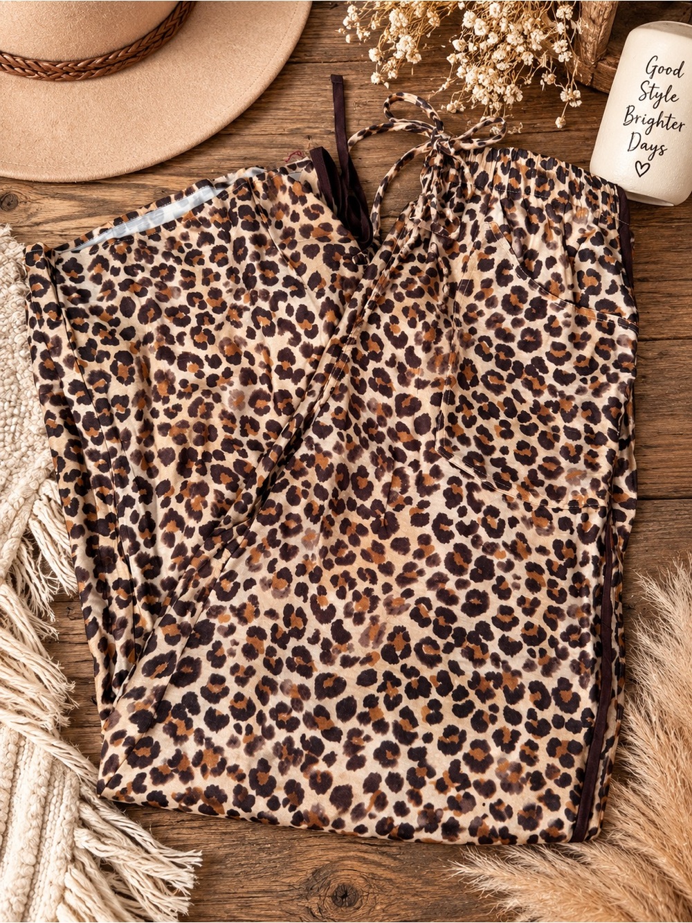 Leopard Print Drawstring Wide-Leg Joggers - Brown